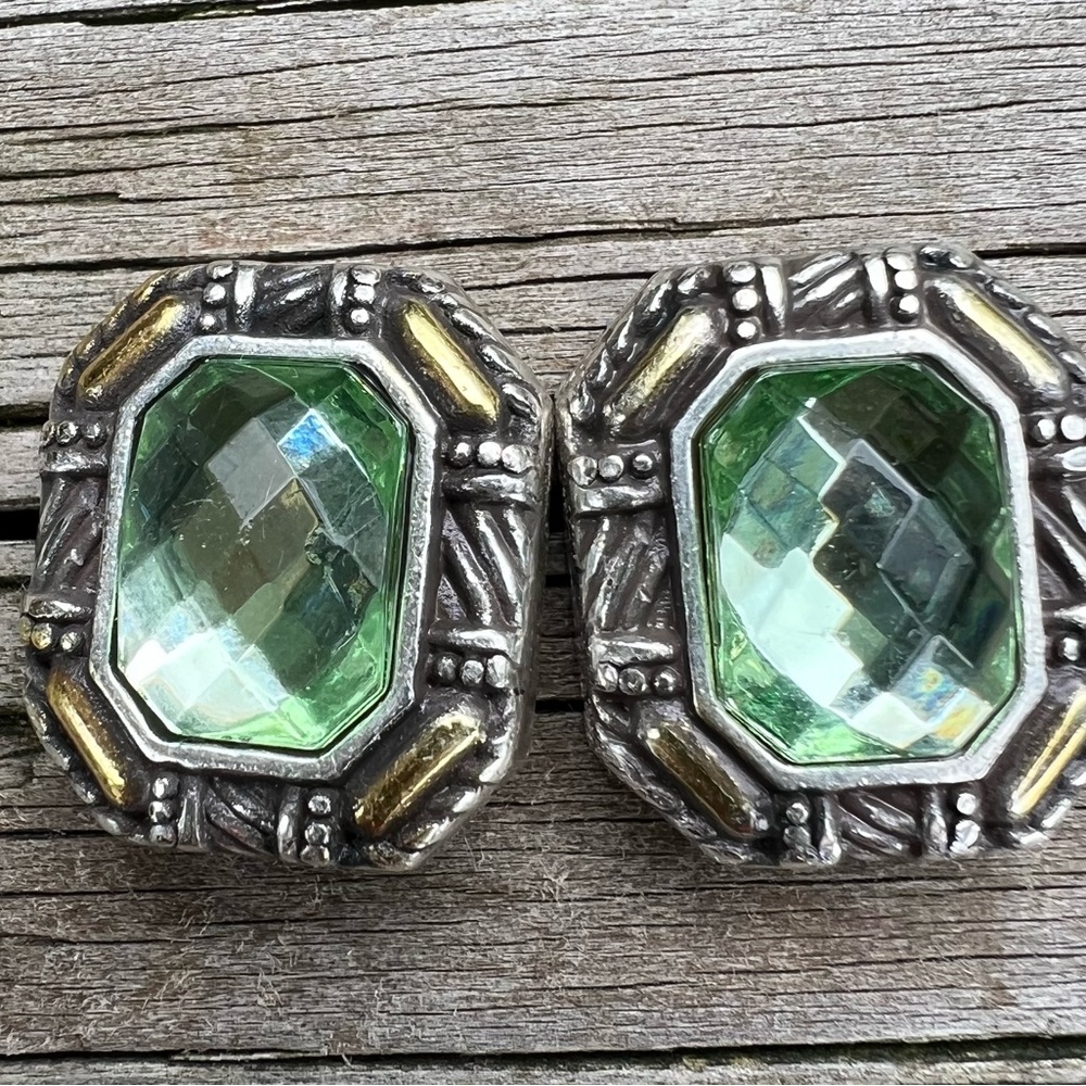 Vintage Brighton Dagmar SilverTone and Gold tone Pierced Green Crystal Earrings